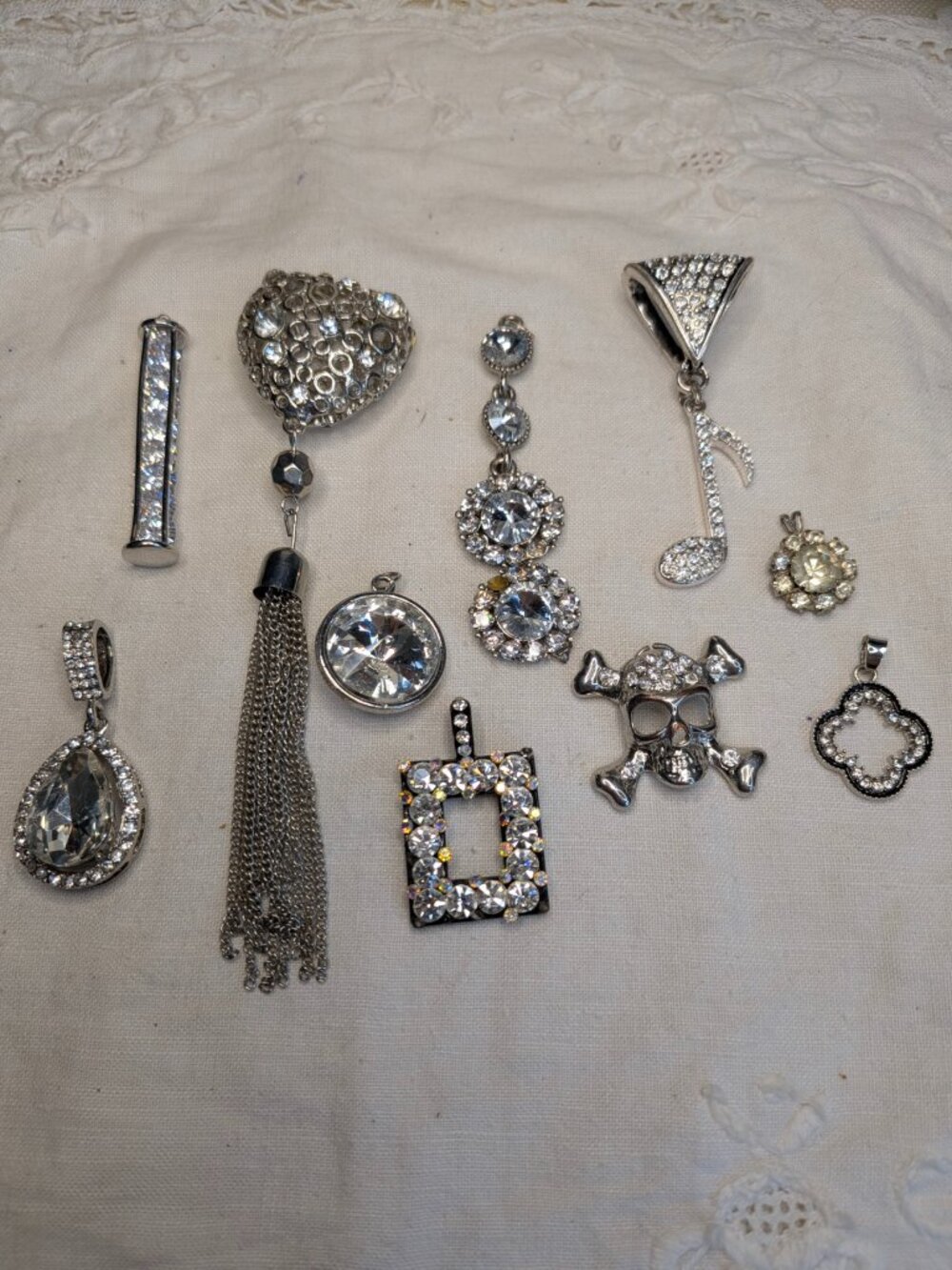Lot of 10 Blingy Rhinestone Pendants – Silver Tone Sparkle Mix